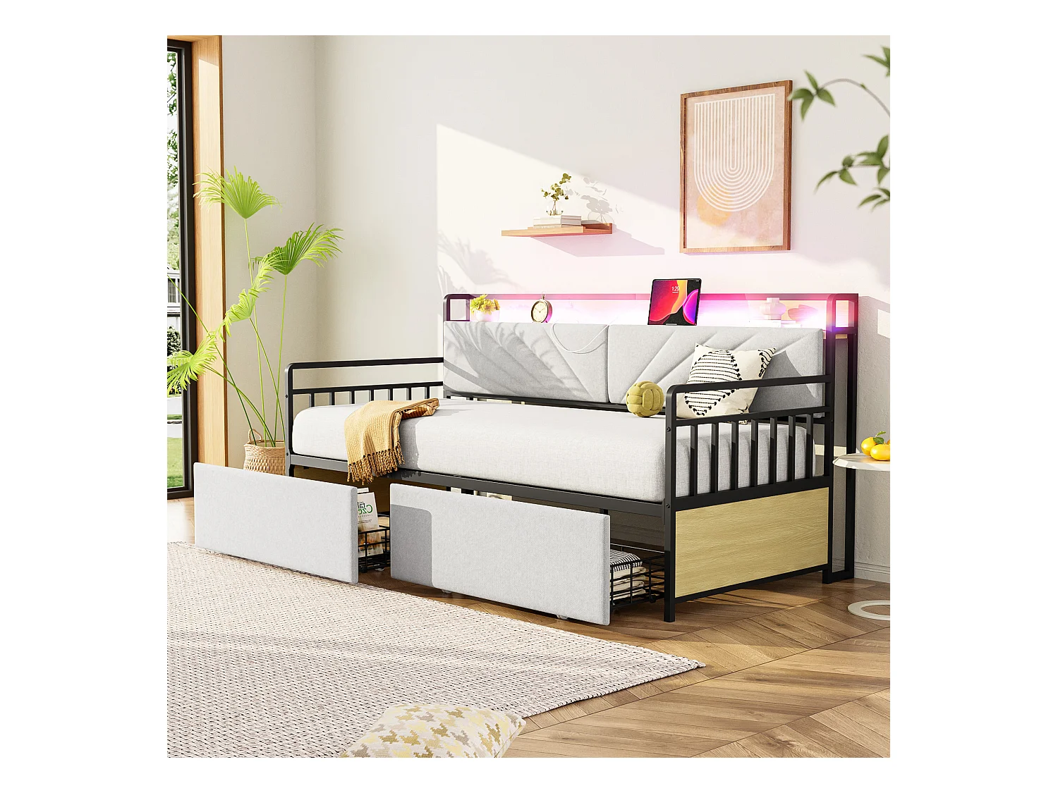 Canapé-lit coffre - 90 x 200 cm - avec Leds + étagères + 2 tiroirs + prises - bois + méttal - beige