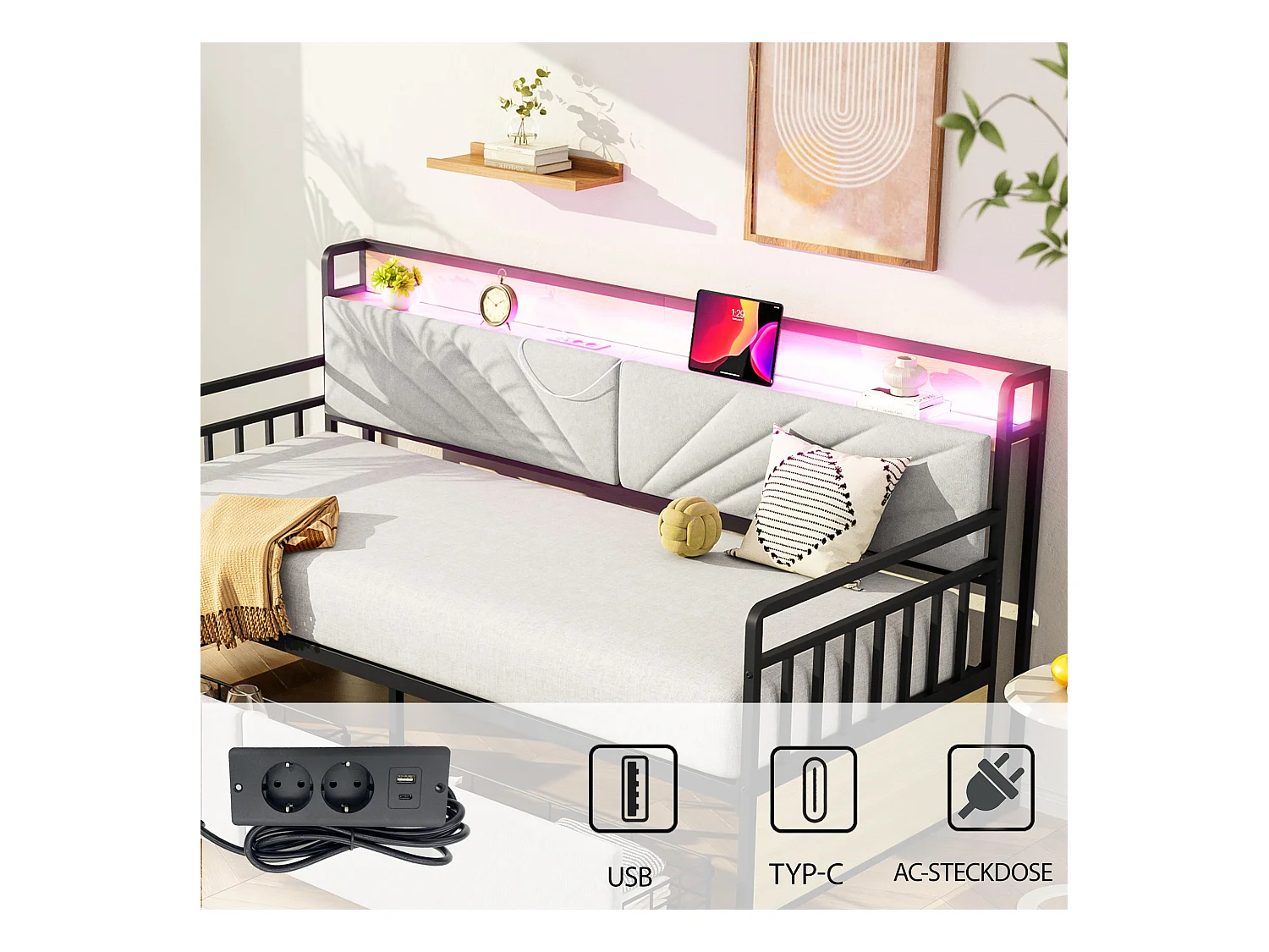 Canapé-lit coffre - 90 x 200 cm - avec Leds + étagères + 2 tiroirs + prises - bois + méttal - beige