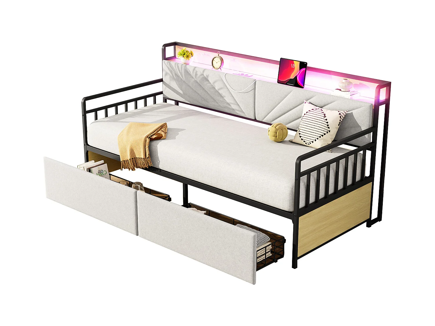 Canapé-lit coffre - 90 x 200 cm - avec Leds + étagères + 2 tiroirs + prises - bois + méttal - beige