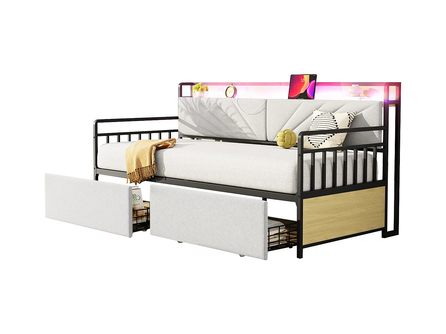 Canapé-lit coffre - 90 x 200 cm - avec Leds + étagères + 2 tiroirs + prises - bois + méttal - beige