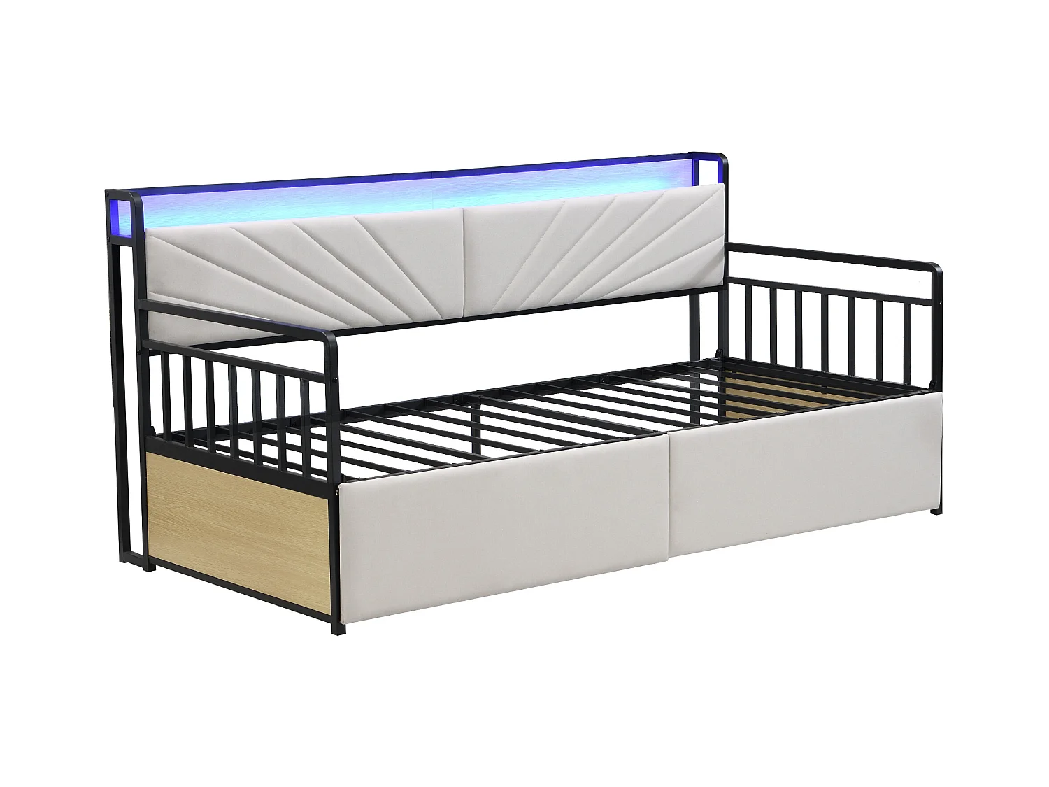 Canapé-lit coffre - 90 x 200 cm - avec Leds + étagères + 2 tiroirs + prises - bois + méttal - beige