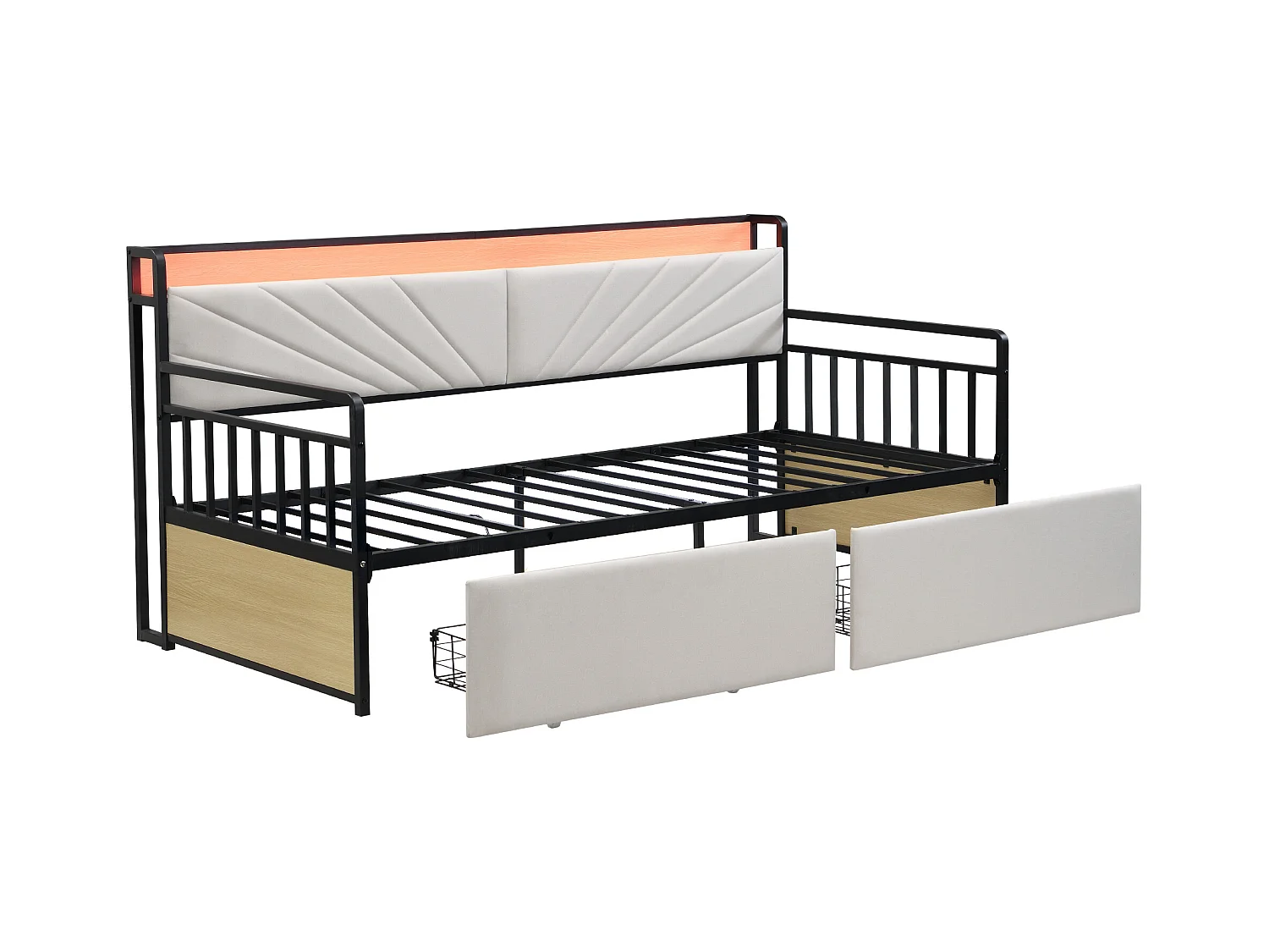 Canapé-lit coffre - 90 x 200 cm - avec Leds + étagères + 2 tiroirs + prises - bois + méttal - beige