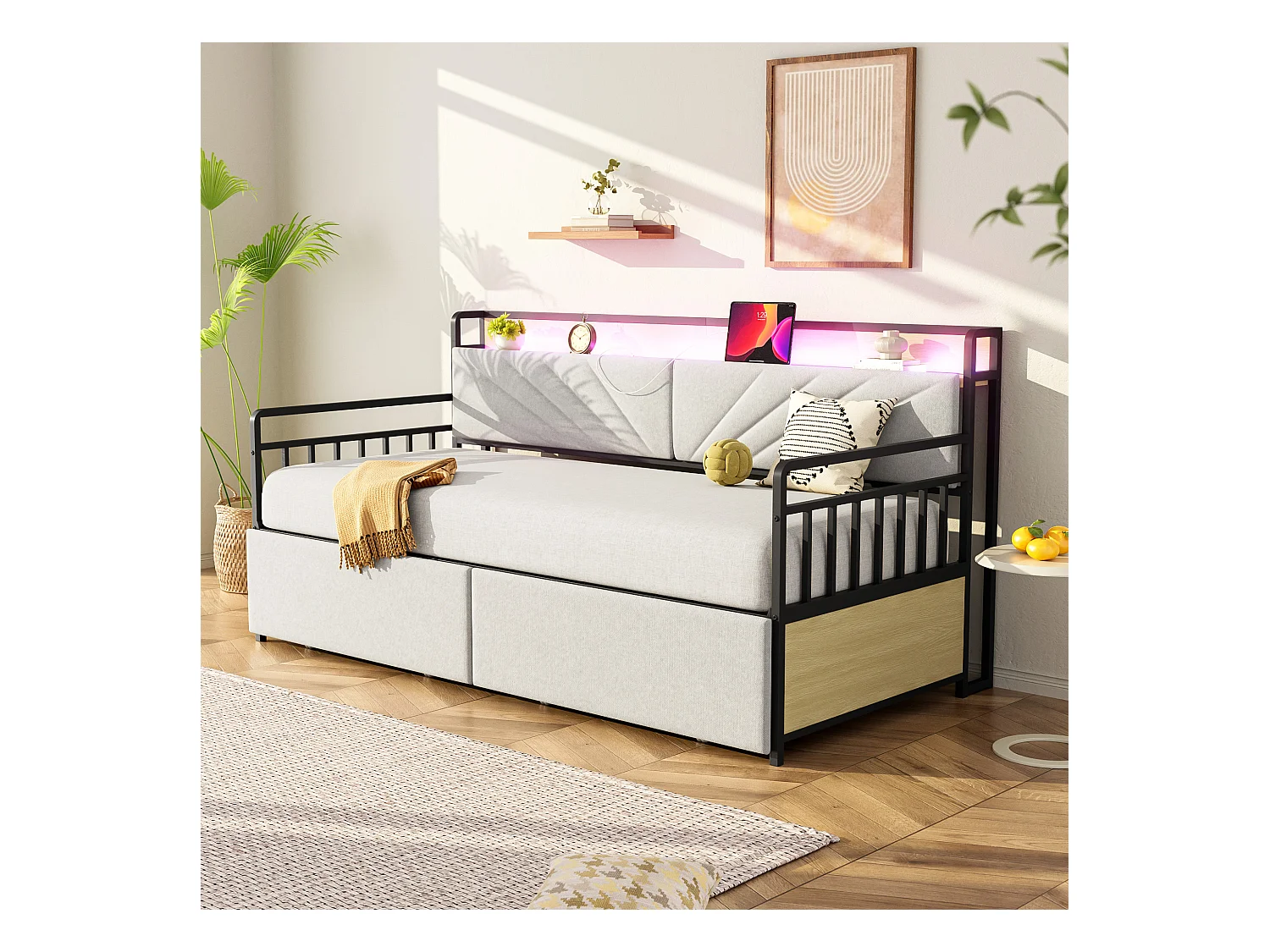 Schlafsofa mit Stauraum - 90 x 200 cm - mit LEDs + Regale + 2 Schubladen + Steckdosen - Holz + Metall - Beige