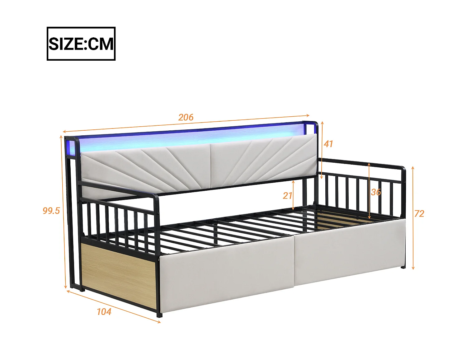 Schlafsofa mit Stauraum - 90 x 200 cm - mit LEDs + Regale + 2 Schubladen + Steckdosen - Holz + Metall - Beige