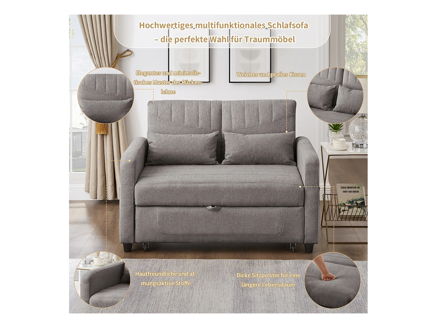 Canapé-lit pliant 2 places extensible - 90 x 120 cm - dossier réglable - tissu en coton et lin - gris