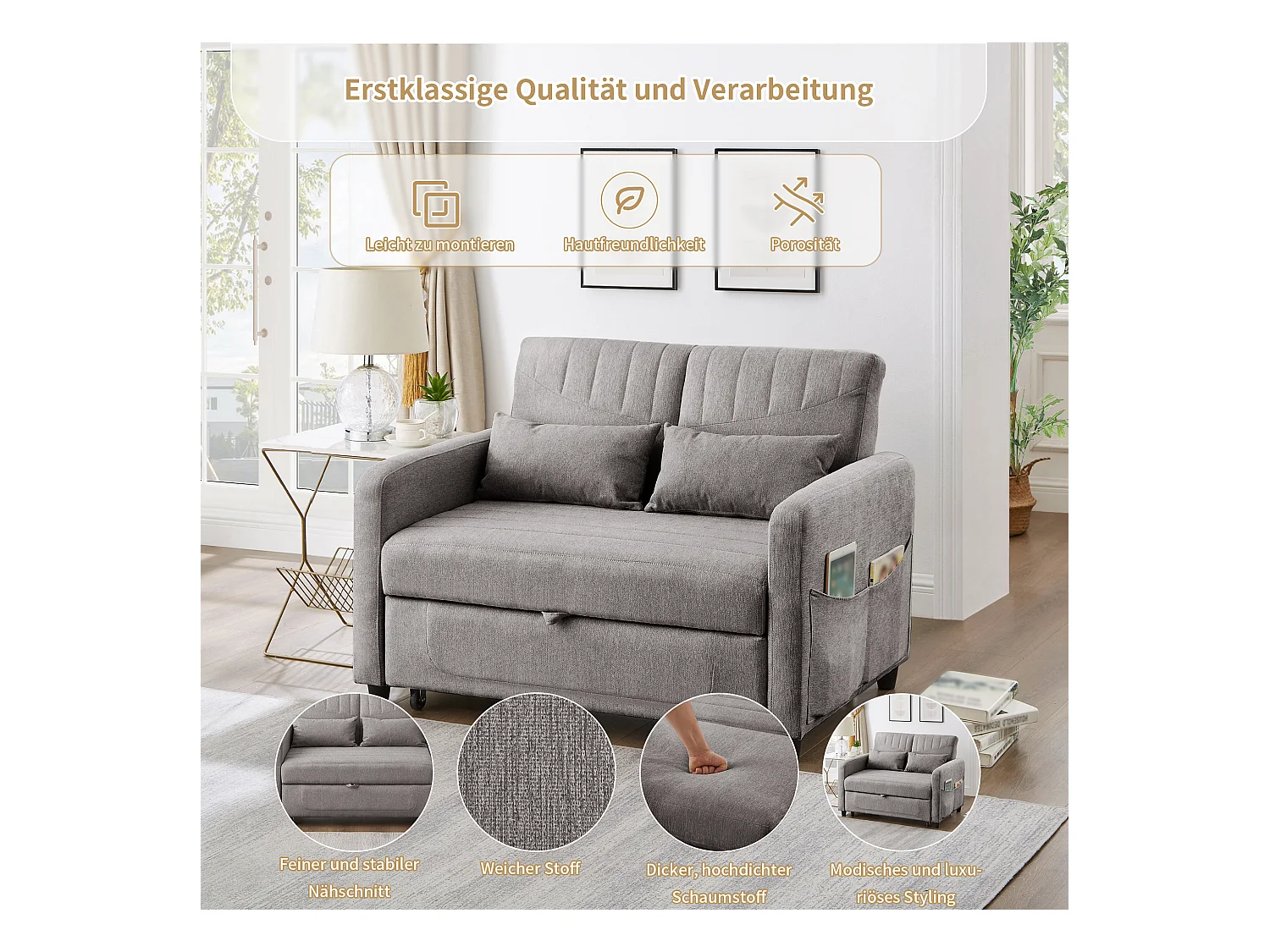 Canapé-lit pliant 2 places extensible - 90 x 120 cm - dossier réglable - tissu en coton et lin - gris