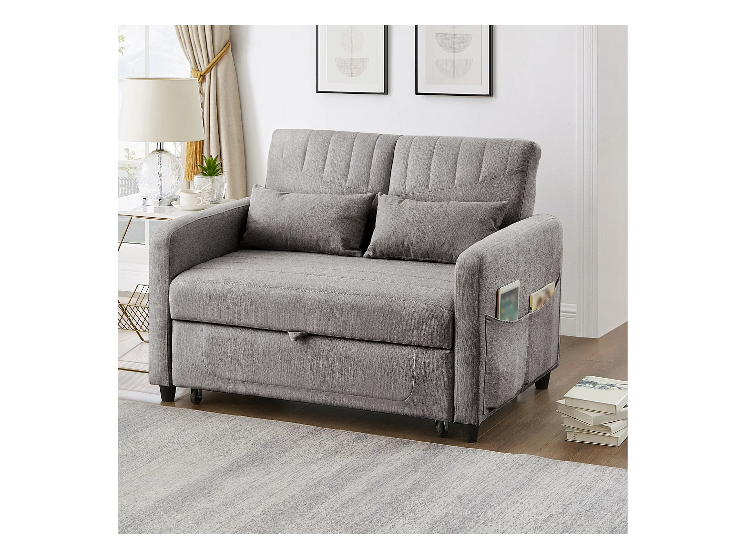 Canapé-lit pliant 2 places extensible - 90 x 120 cm - dossier réglable - tissu en coton et lin - gris