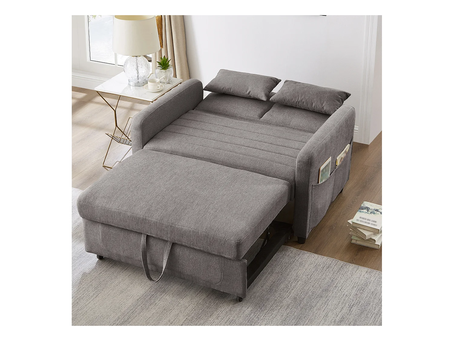 Canapé-lit pliant 2 places extensible - 90 x 120 cm - dossier réglable - tissu en coton et lin - gris