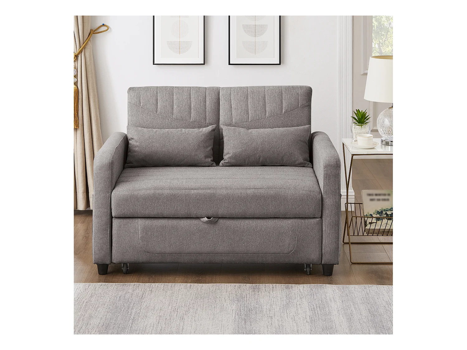 Canapé-lit pliant 2 places extensible - 90 x 120 cm - dossier réglable - tissu en coton et lin - gris