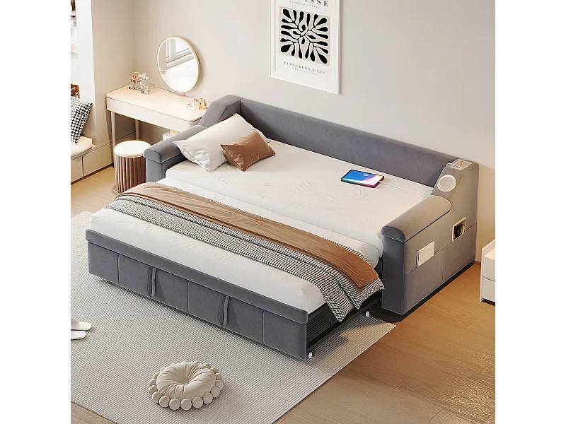 Divano letto imbottito - 90/180 x 190 cm - con braccioli + Bluetooth + USB - con contenitore - tessuto in velluto - grigio