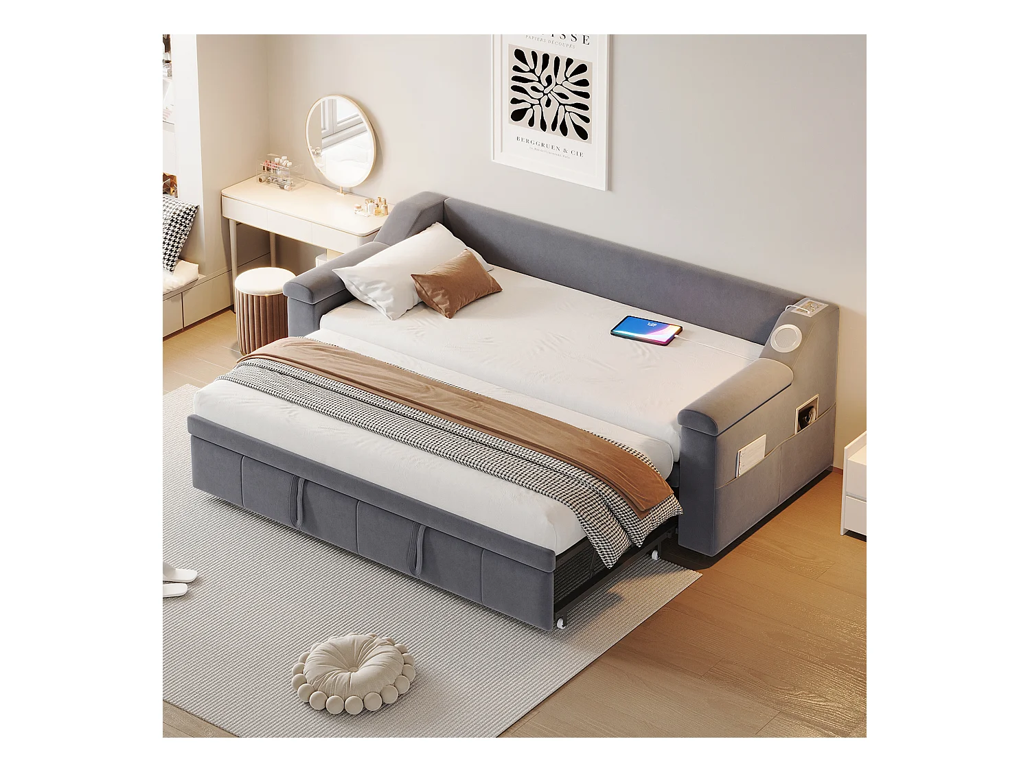 Divano letto imbottito - 90/180 x 190 cm - con braccioli + Bluetooth + USB - con contenitore - tessuto in velluto - grigio