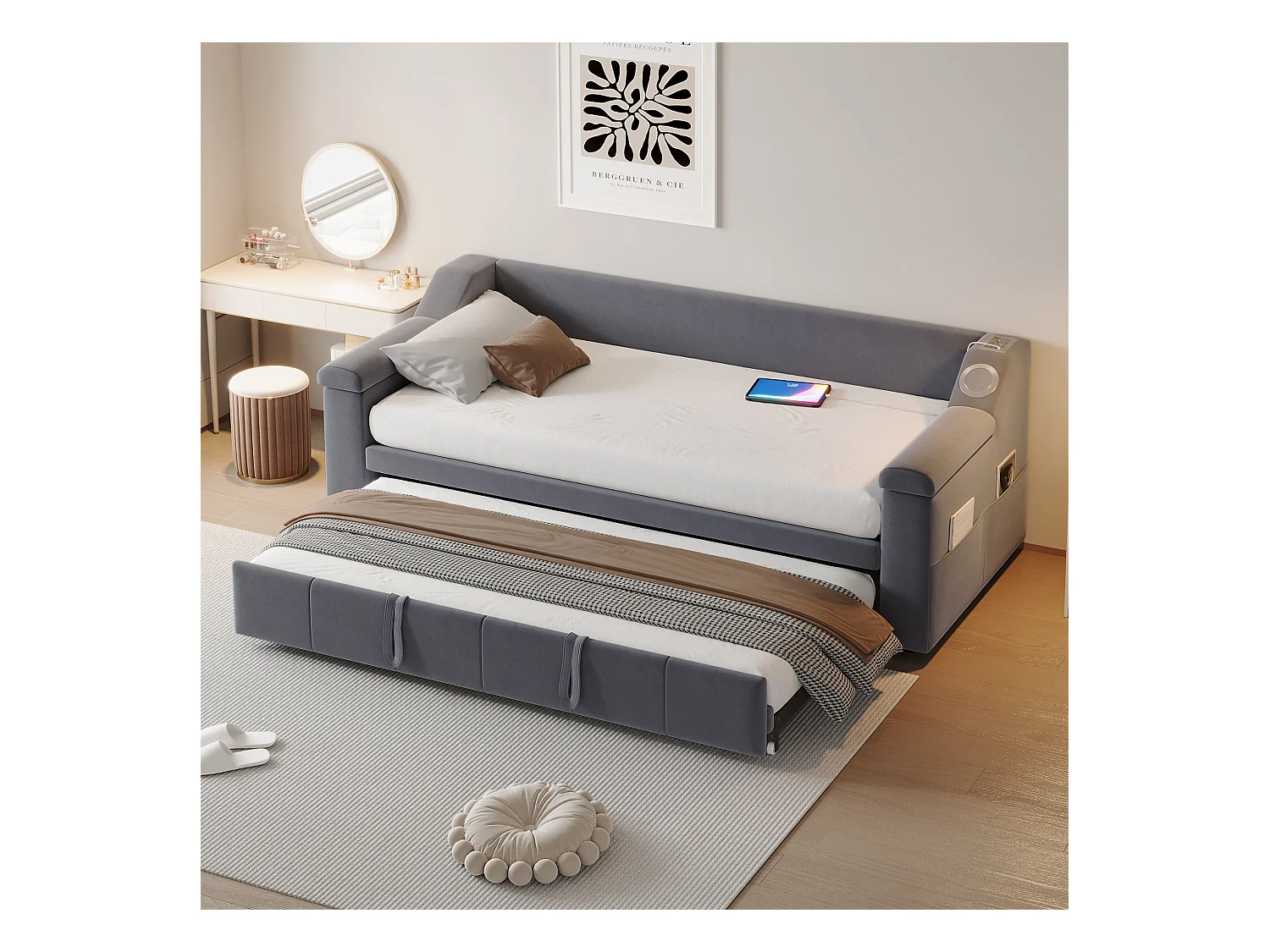 Divano letto imbottito - 90/180 x 190 cm - con braccioli + Bluetooth + USB - con contenitore - tessuto in velluto - grigio