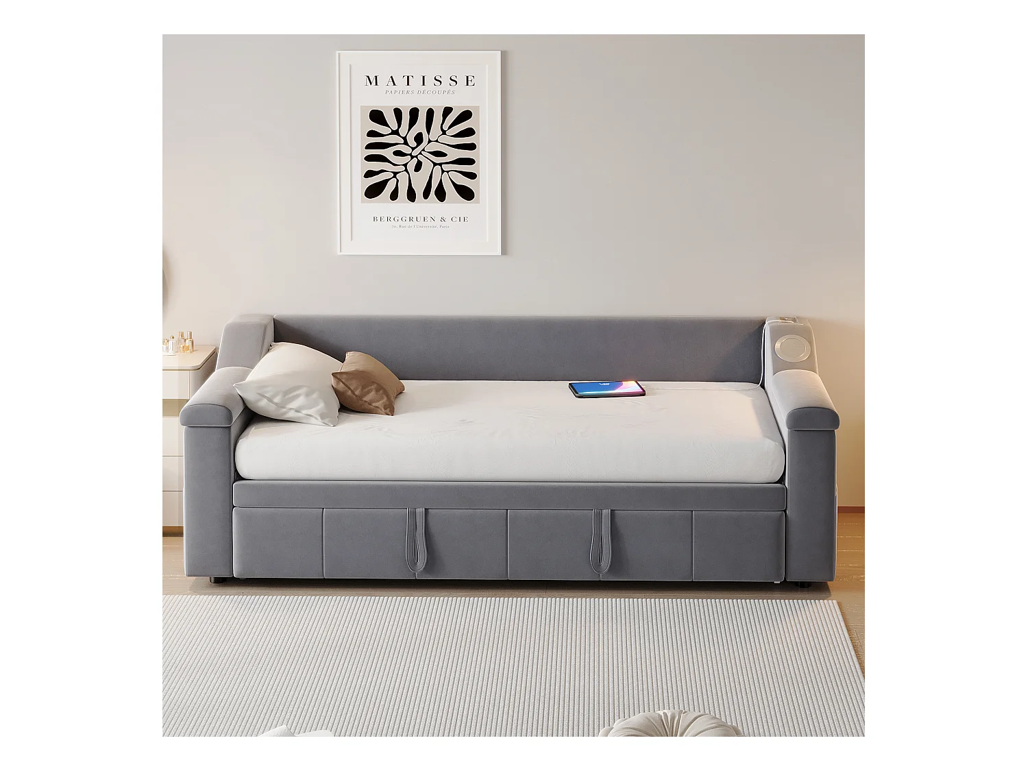 Divano letto imbottito - 90/180 x 190 cm - con braccioli + Bluetooth + USB - con contenitore - tessuto in velluto - grigio