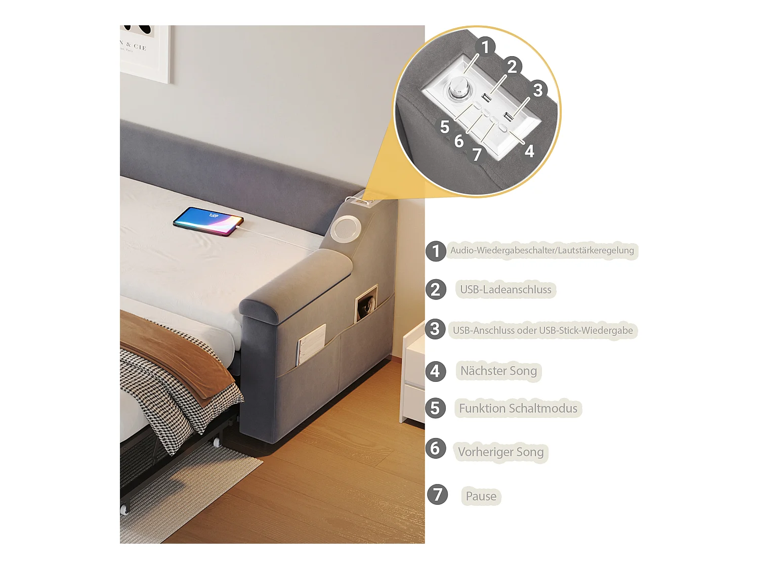 Divano letto imbottito - 90/180 x 190 cm - con braccioli + Bluetooth + USB - con contenitore - tessuto in velluto - grigio