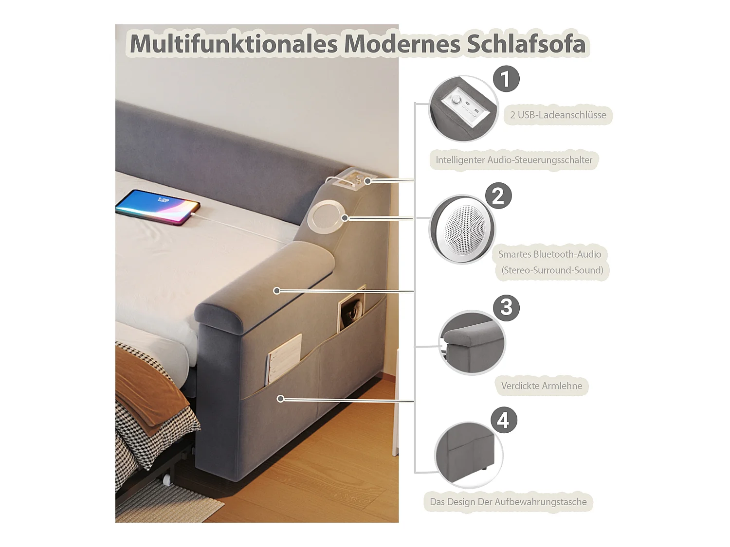 Divano letto imbottito - 90/180 x 190 cm - con braccioli + Bluetooth + USB - con contenitore - tessuto in velluto - grigio