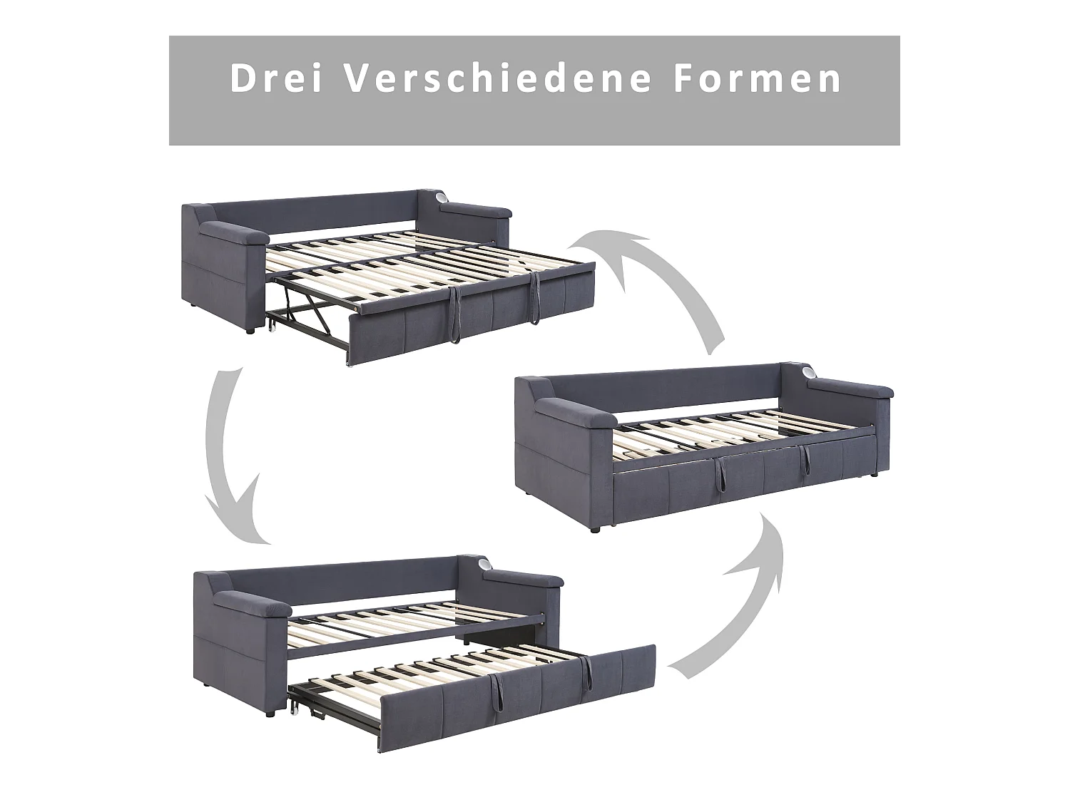 Divano letto imbottito - 90/180 x 190 cm - con braccioli + Bluetooth + USB - con contenitore - tessuto in velluto - grigio