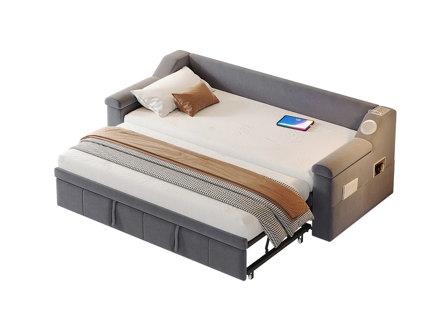 Divano letto imbottito - 90/180 x 190 cm - con braccioli + Bluetooth + USB - con contenitore - tessuto in velluto - grigio