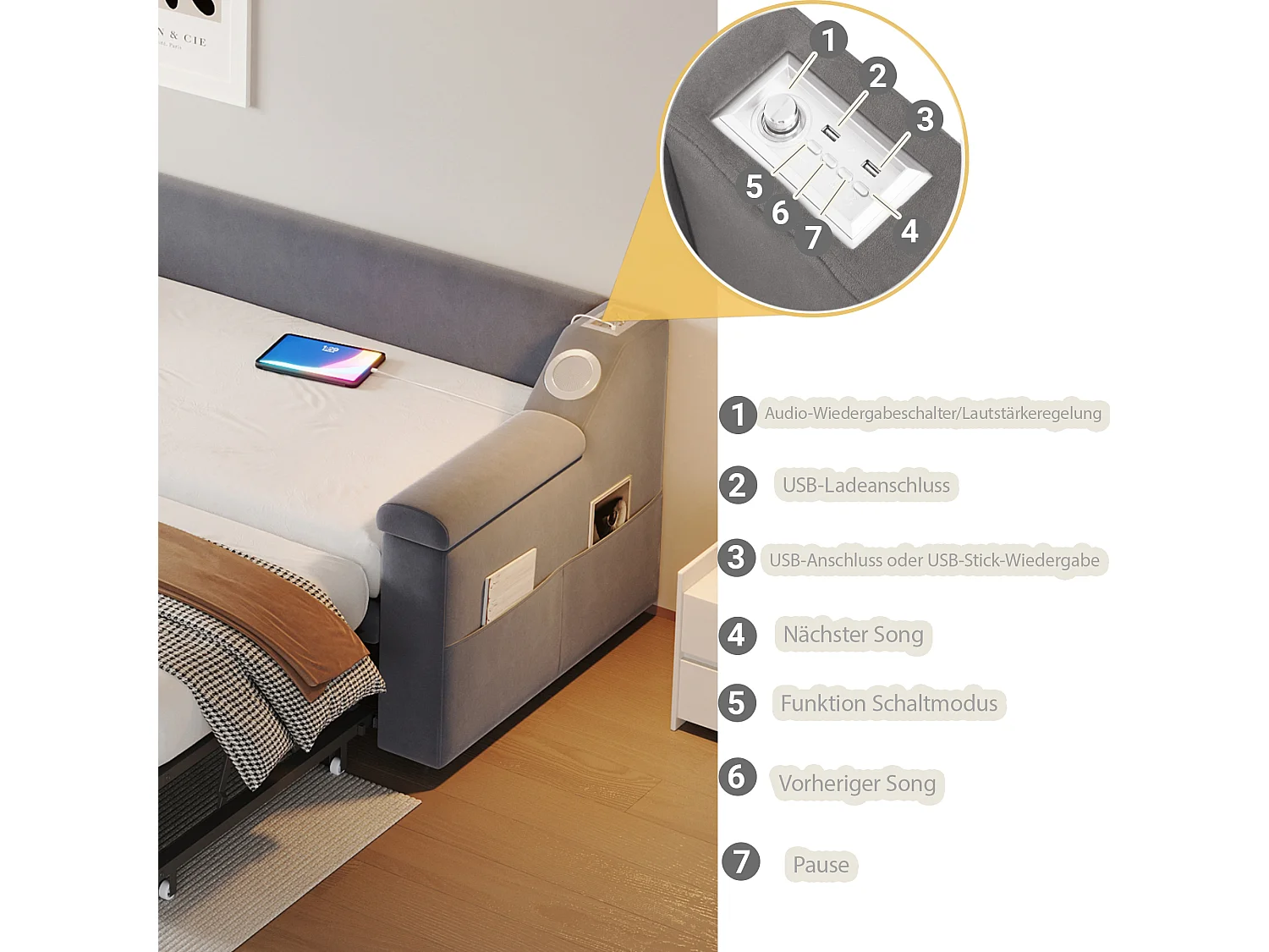 Divano letto imbottito - 90/180 x 190 cm - con braccioli + Bluetooth + USB - con contenitore - tessuto in velluto - grigio