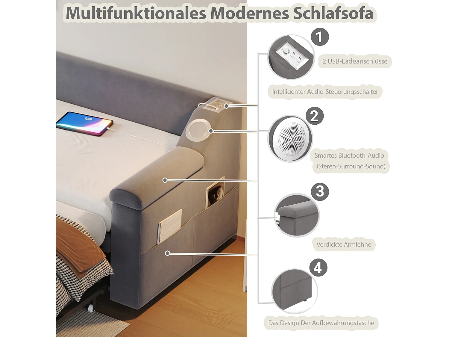 Divano letto imbottito - 90/180 x 190 cm - con braccioli + Bluetooth + USB - con contenitore - tessuto in velluto - grigio