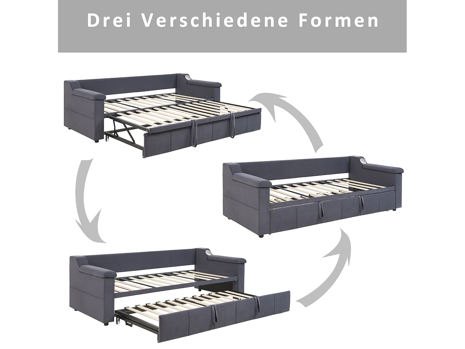 Divano letto imbottito - 90/180 x 190 cm - con braccioli + Bluetooth + USB - con contenitore - tessuto in velluto - grigio