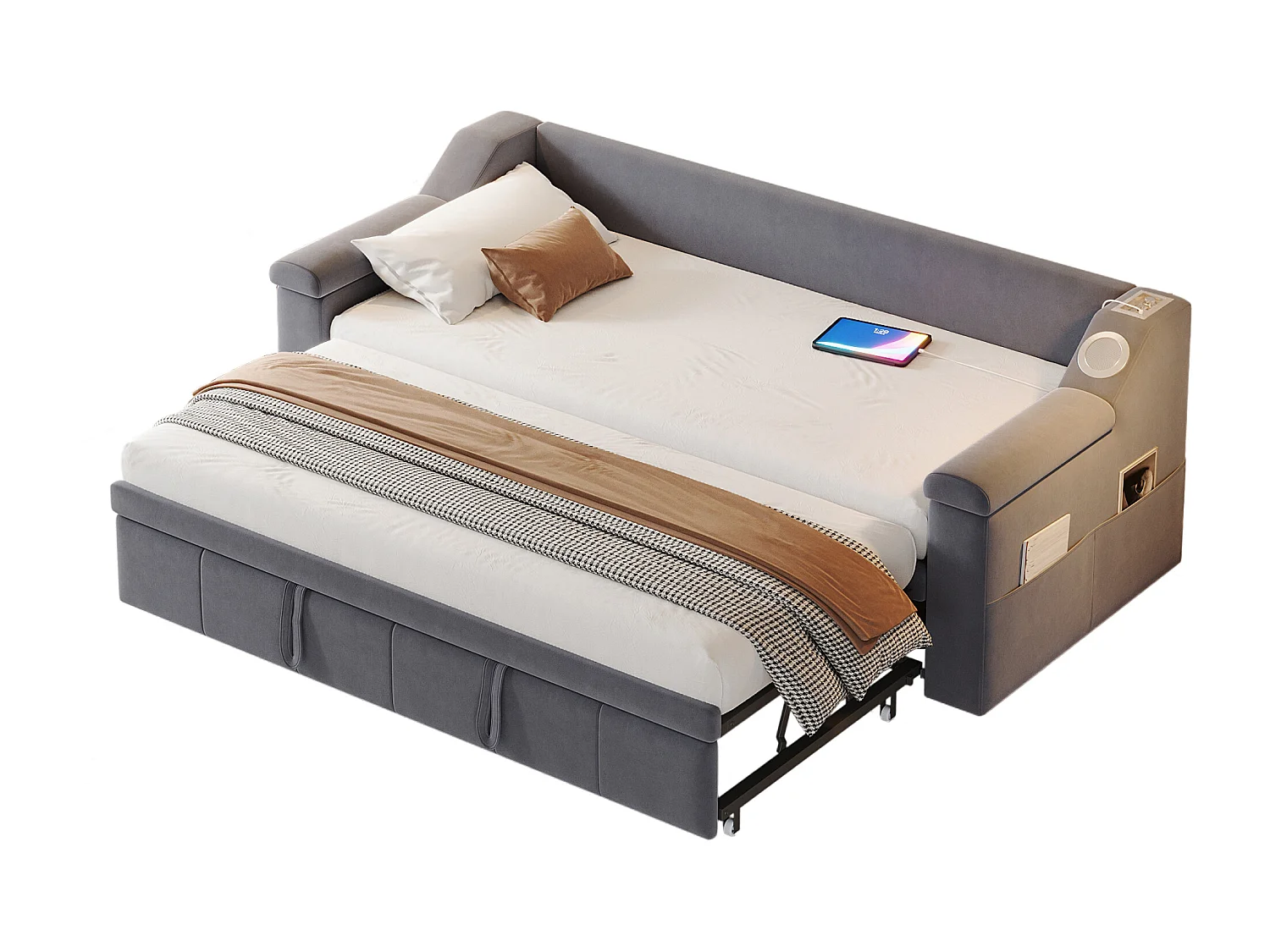 Divano letto imbottito - 90/180 x 190 cm - con braccioli + Bluetooth + USB - con contenitore - tessuto in velluto - grigio