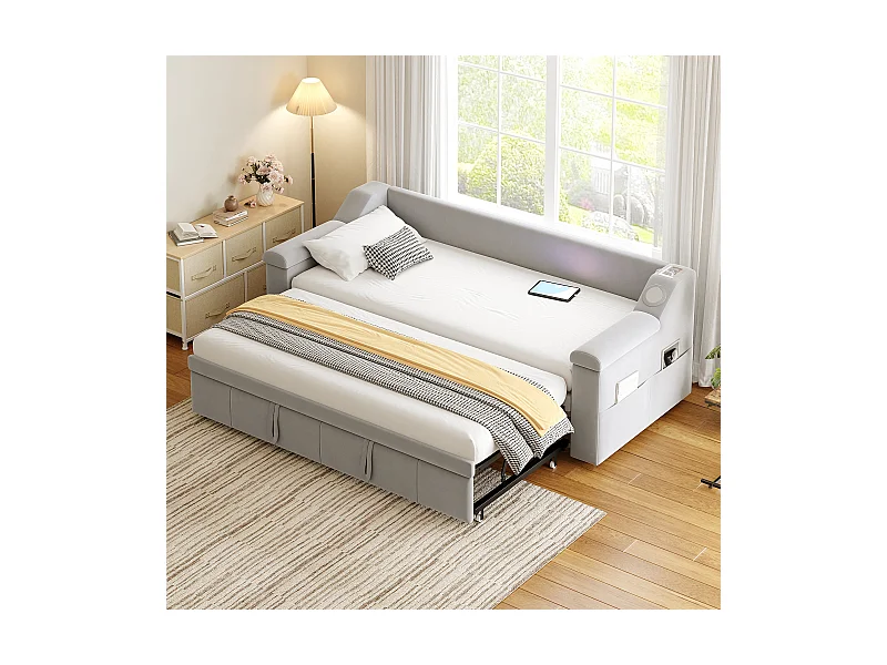 Gepolstertes Schlafsofa - 90/180 x 190 cm - mit Armlehnen + Bluetooth + USB - mit Stauraum - Samtstoff - Hellgrau