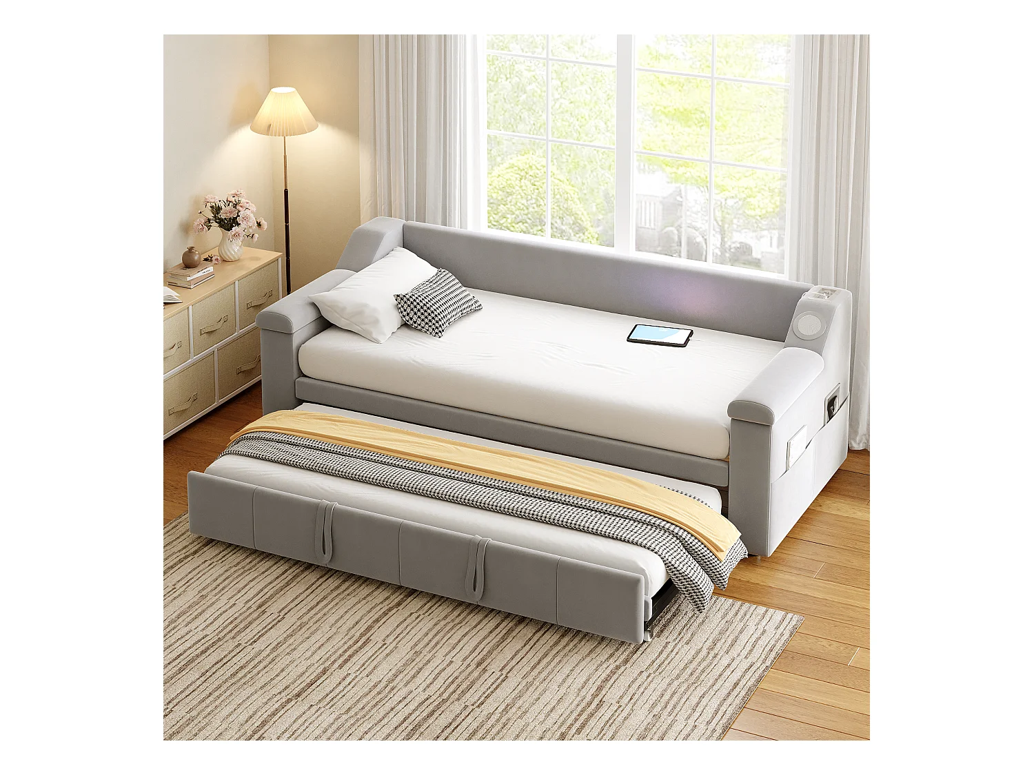 Canapé-lit rembourré - 90/180 x 190 cm - aveca ccoudoirs + Bluetooth + USB - avec rangement - tissu velours - gris clair