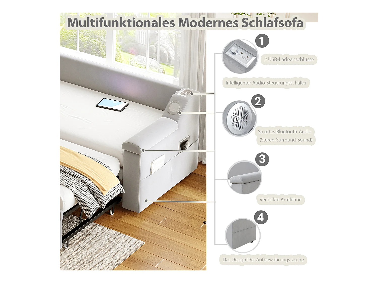 Canapé-lit rembourré - 90/180 x 190 cm - aveca ccoudoirs + Bluetooth + USB - avec rangement - tissu velours - gris clair