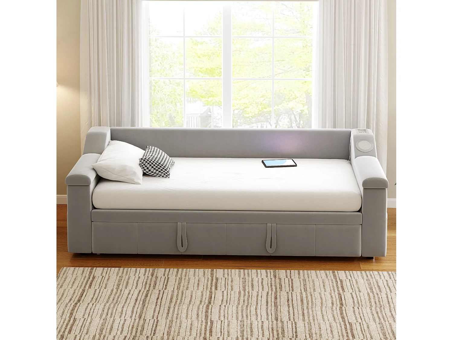 Gepolstertes Schlafsofa - 90/180 x 190 cm - mit Armlehnen + Bluetooth + USB - mit Stauraum - Samtstoff - Hellgrau