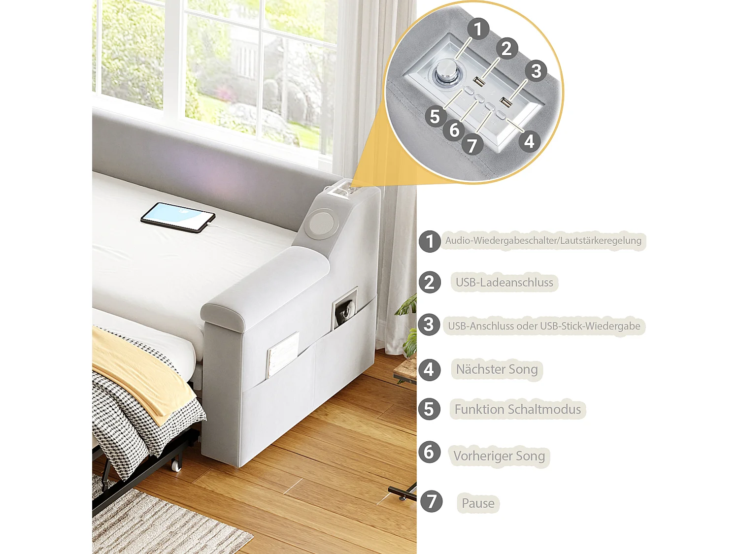 Gepolstertes Schlafsofa - 90/180 x 190 cm - mit Armlehnen + Bluetooth + USB - mit Stauraum - Samtstoff - Hellgrau