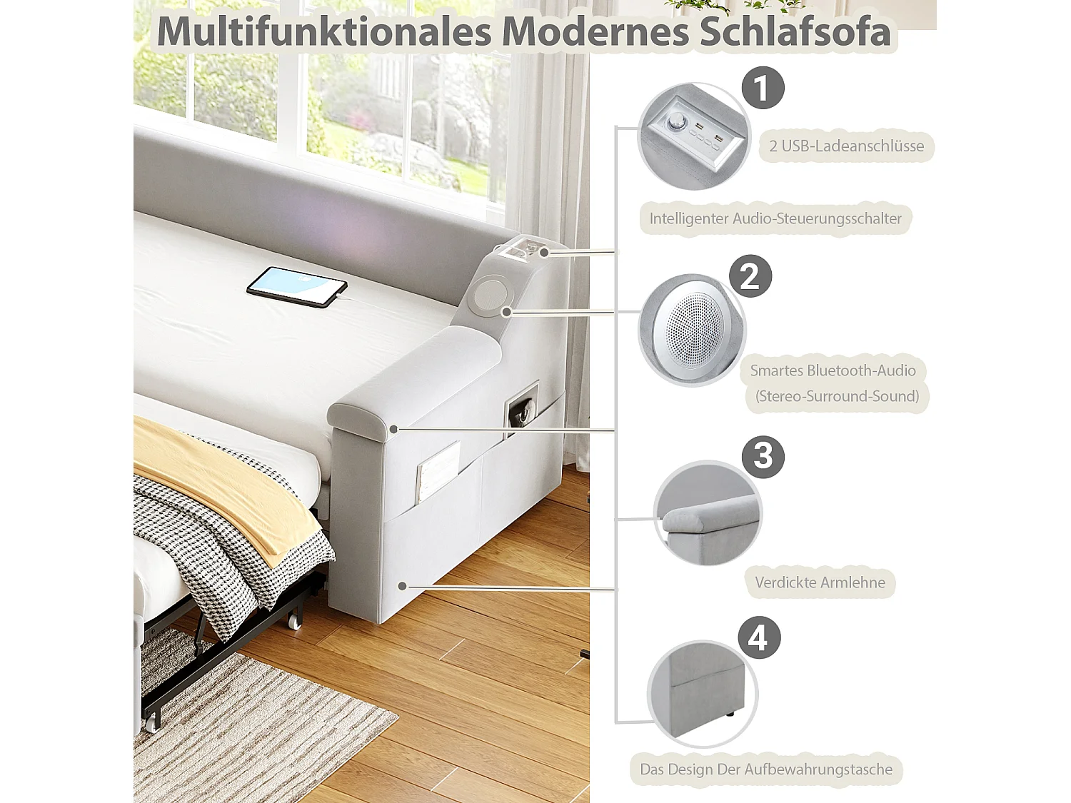 Gepolstertes Schlafsofa - 90/180 x 190 cm - mit Armlehnen + Bluetooth + USB - mit Stauraum - Samtstoff - Hellgrau