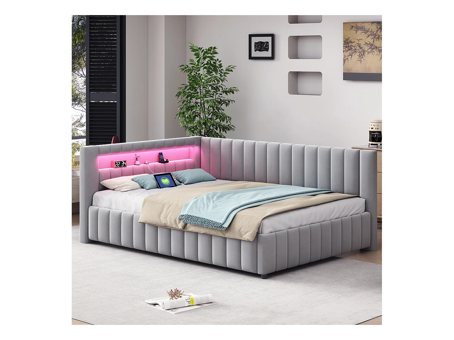 Sofá cama tapizado - 140 x 200 cm - con LED + USB + respaldo + cabecero - tejido terciopelo - gris claro