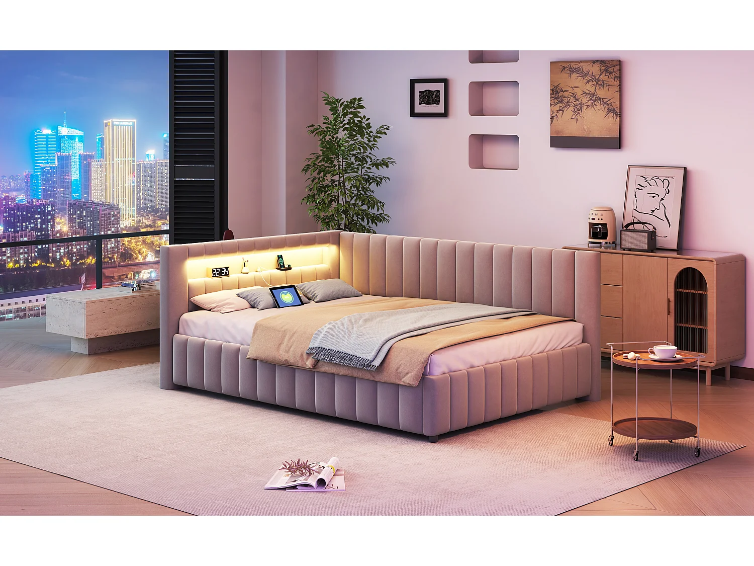 Canapé-lit rembourré - 140 x 200 cm - avec Leds + USB + dossier + tête de lit - tissu velours - gris clair