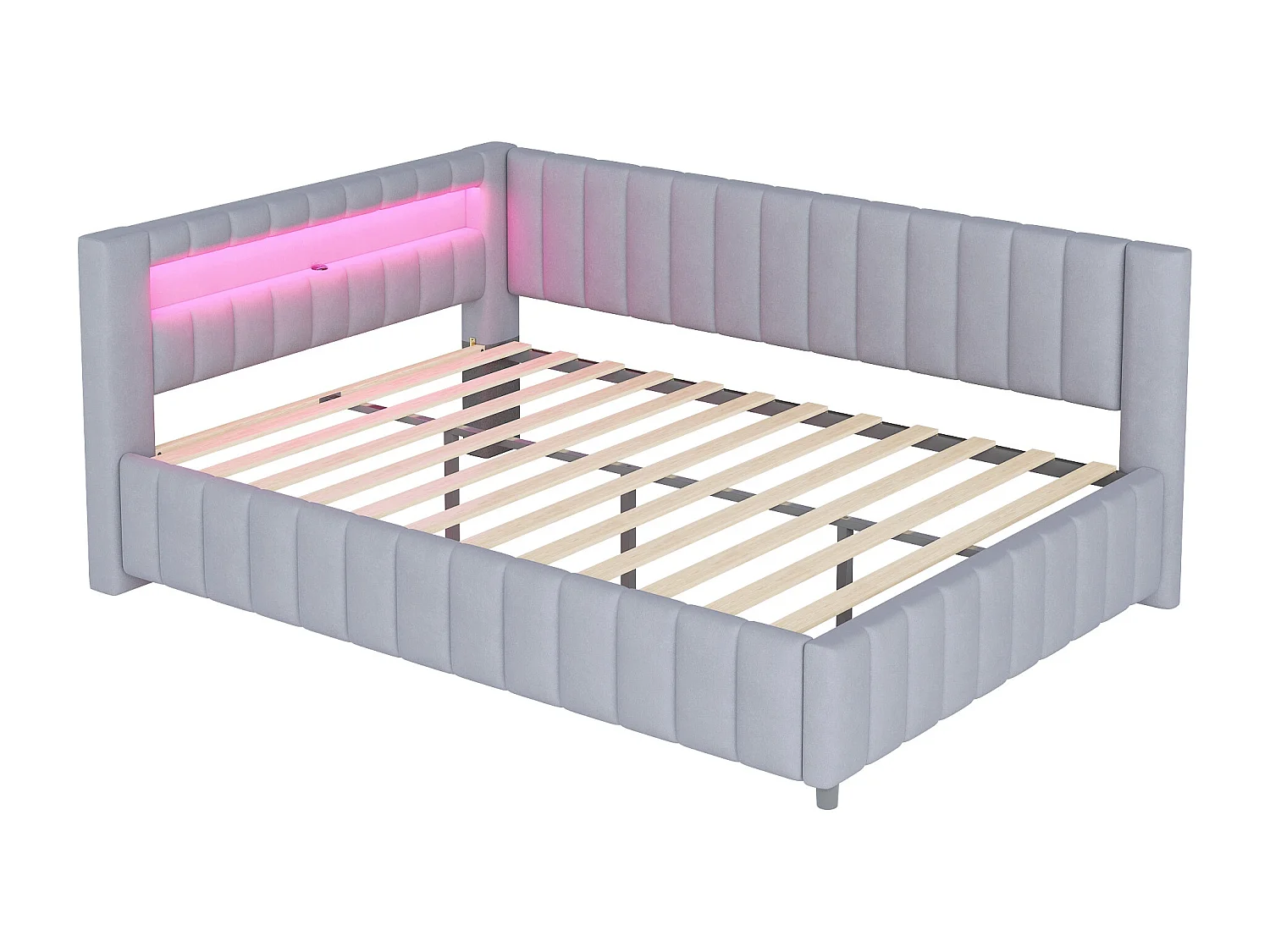 Canapé-lit rembourré - 140 x 200 cm - avec Leds + USB + dossier + tête de lit - tissu velours - gris clair