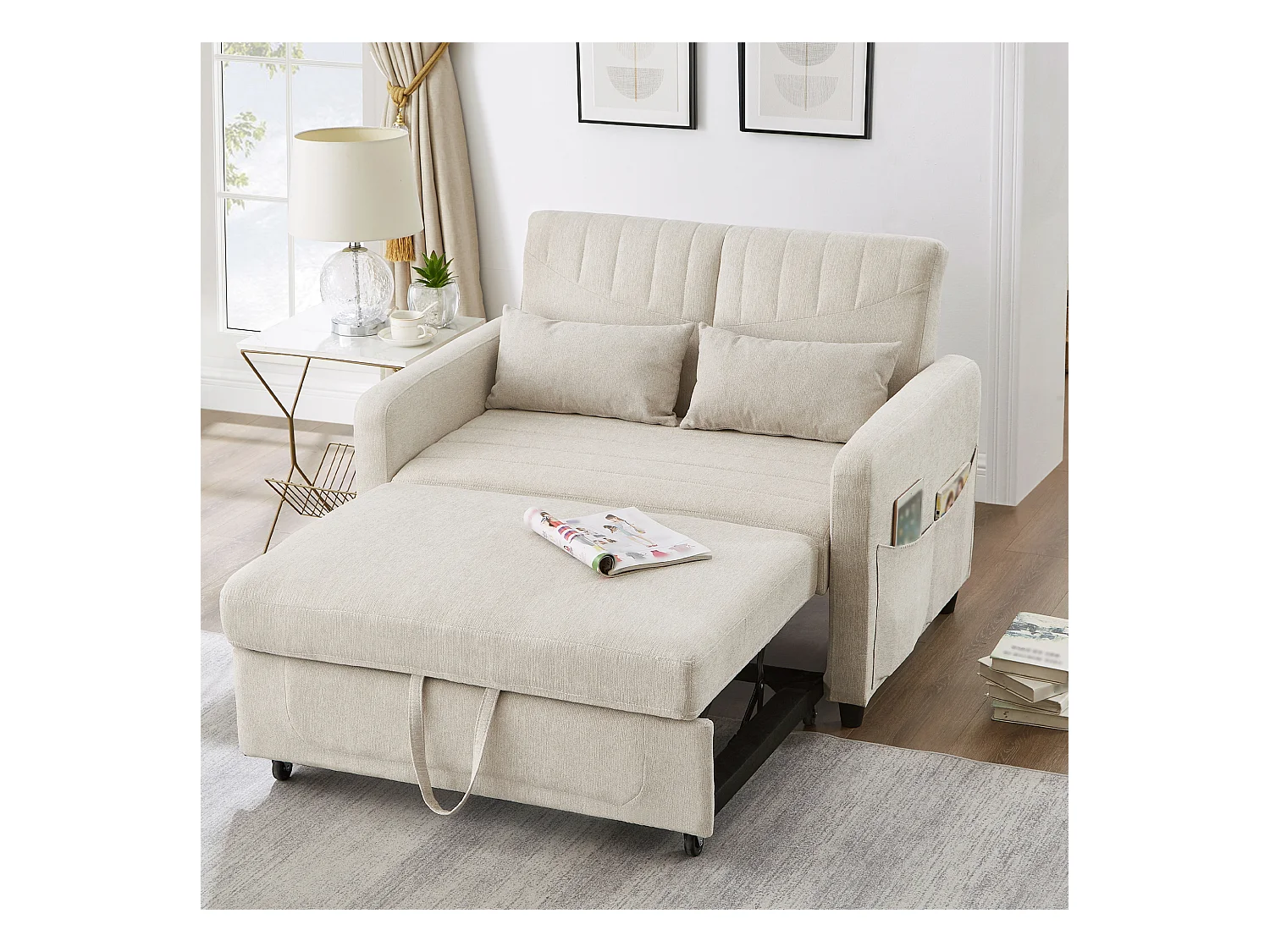 Canapé-lit pliant 2 places extensible - 90 x 120 cm - dossier réglable - tissu en coton et lin - beige