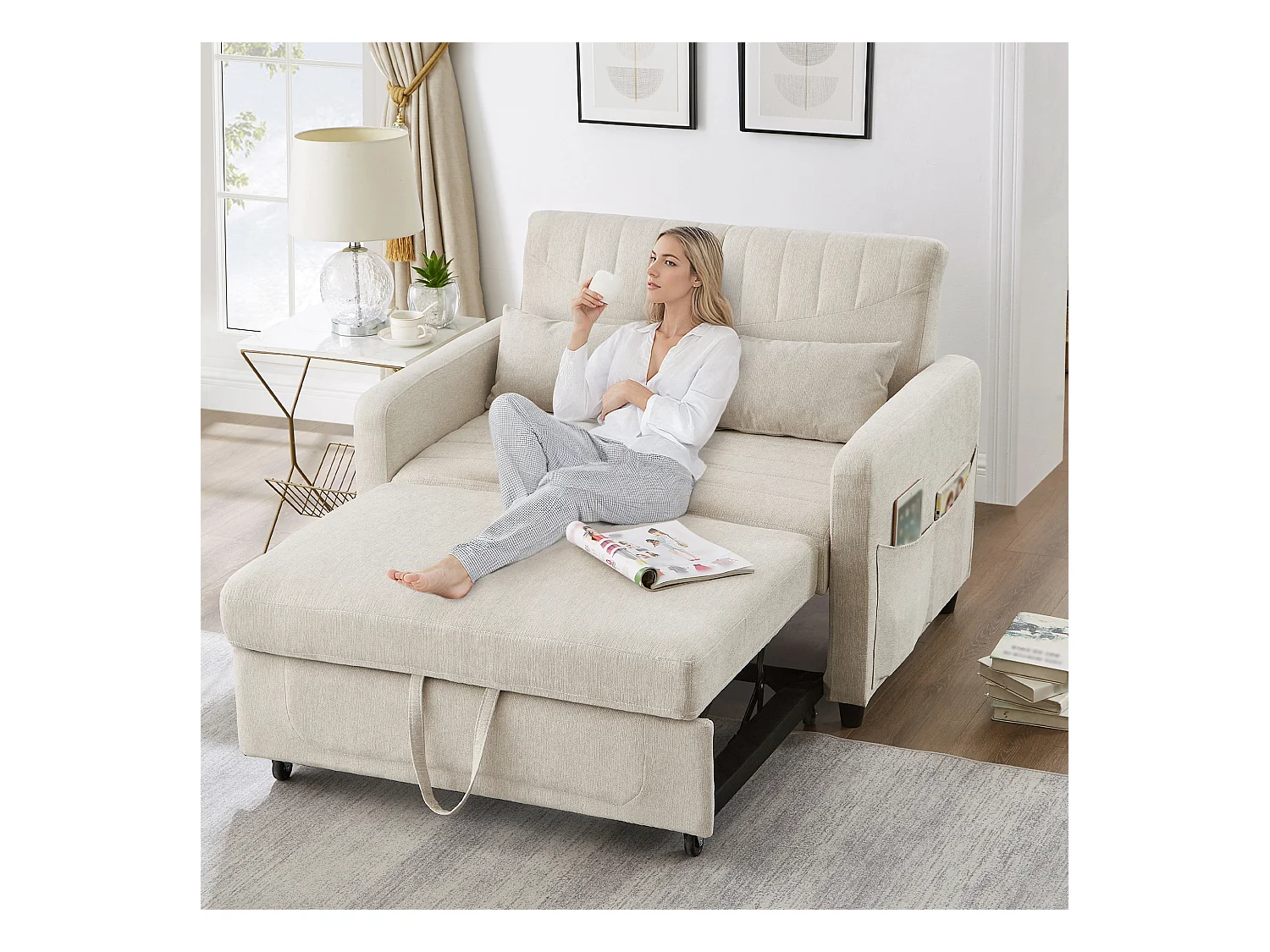 Canapé-lit pliant 2 places extensible - 90 x 120 cm - dossier réglable - tissu en coton et lin - beige