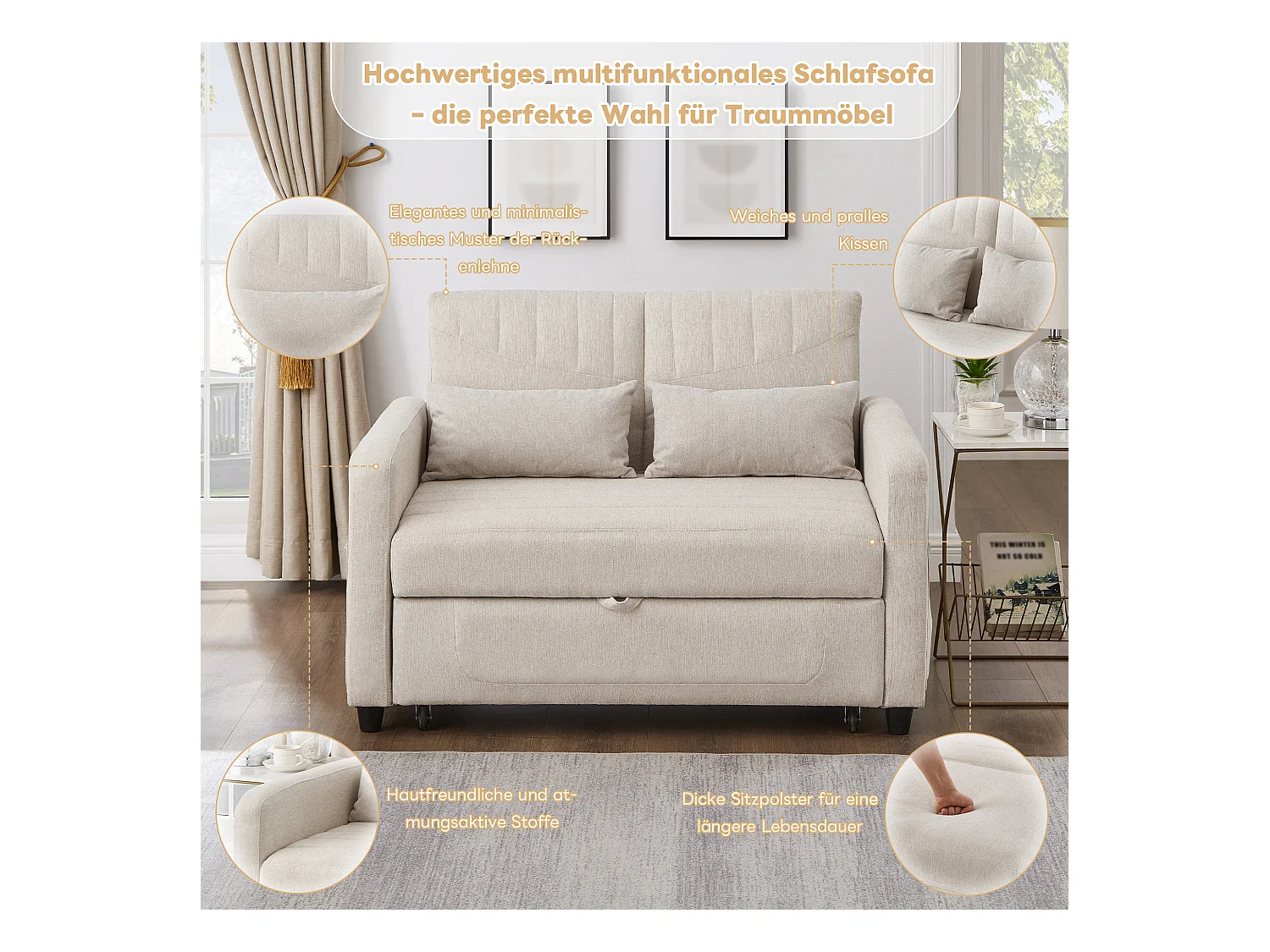 Canapé-lit pliant 2 places extensible - 90 x 120 cm - dossier réglable - tissu en coton et lin - beige