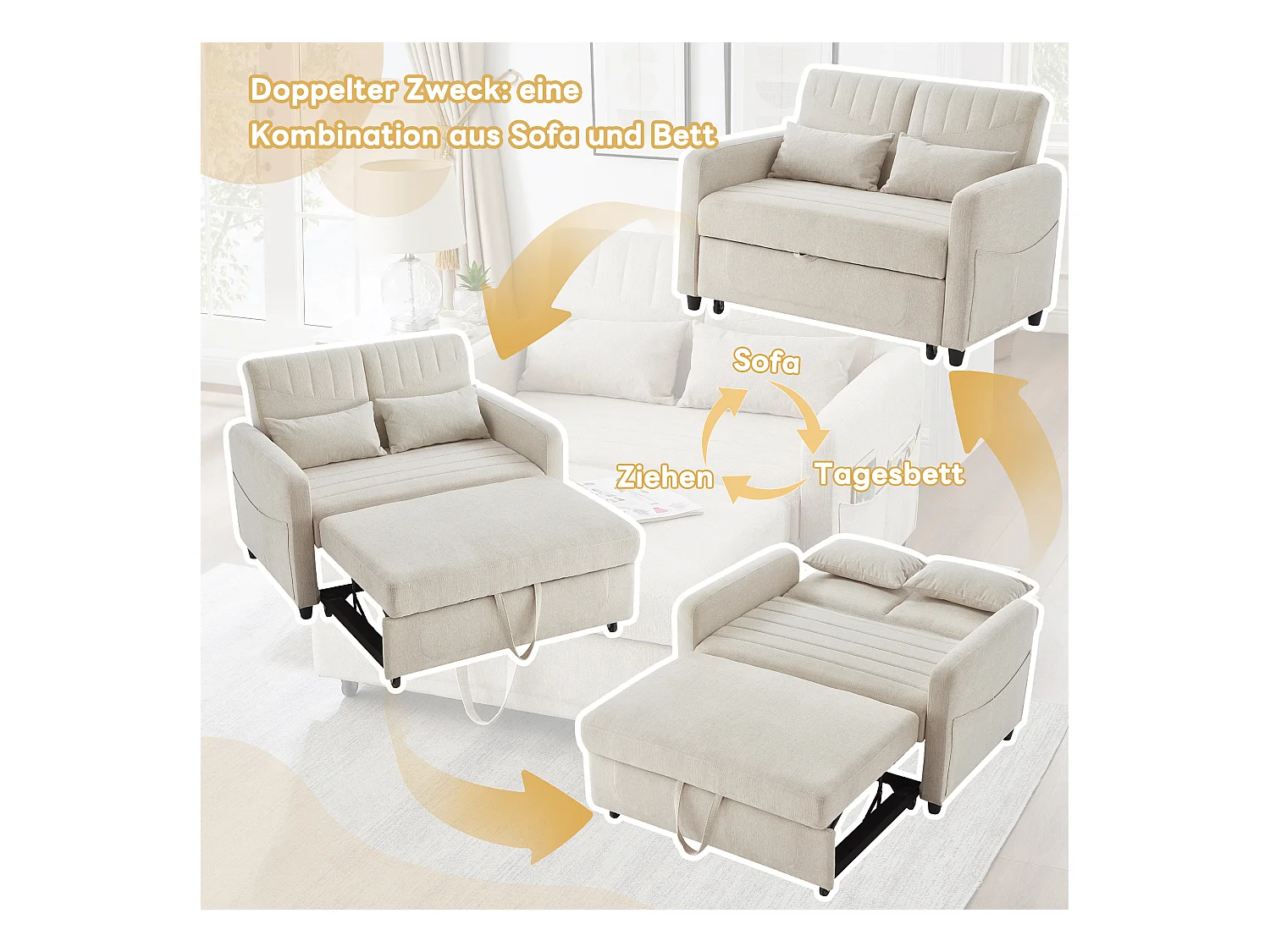 Canapé-lit pliant 2 places extensible - 90 x 120 cm - dossier réglable - tissu en coton et lin - beige