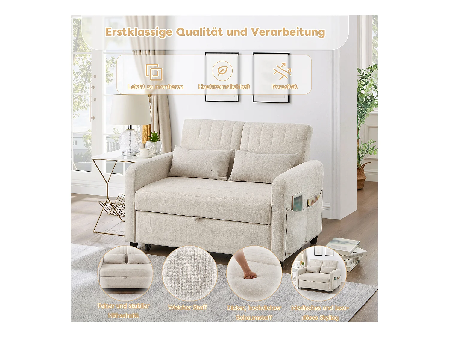 Canapé-lit pliant 2 places extensible - 90 x 120 cm - dossier réglable - tissu en coton et lin - beige