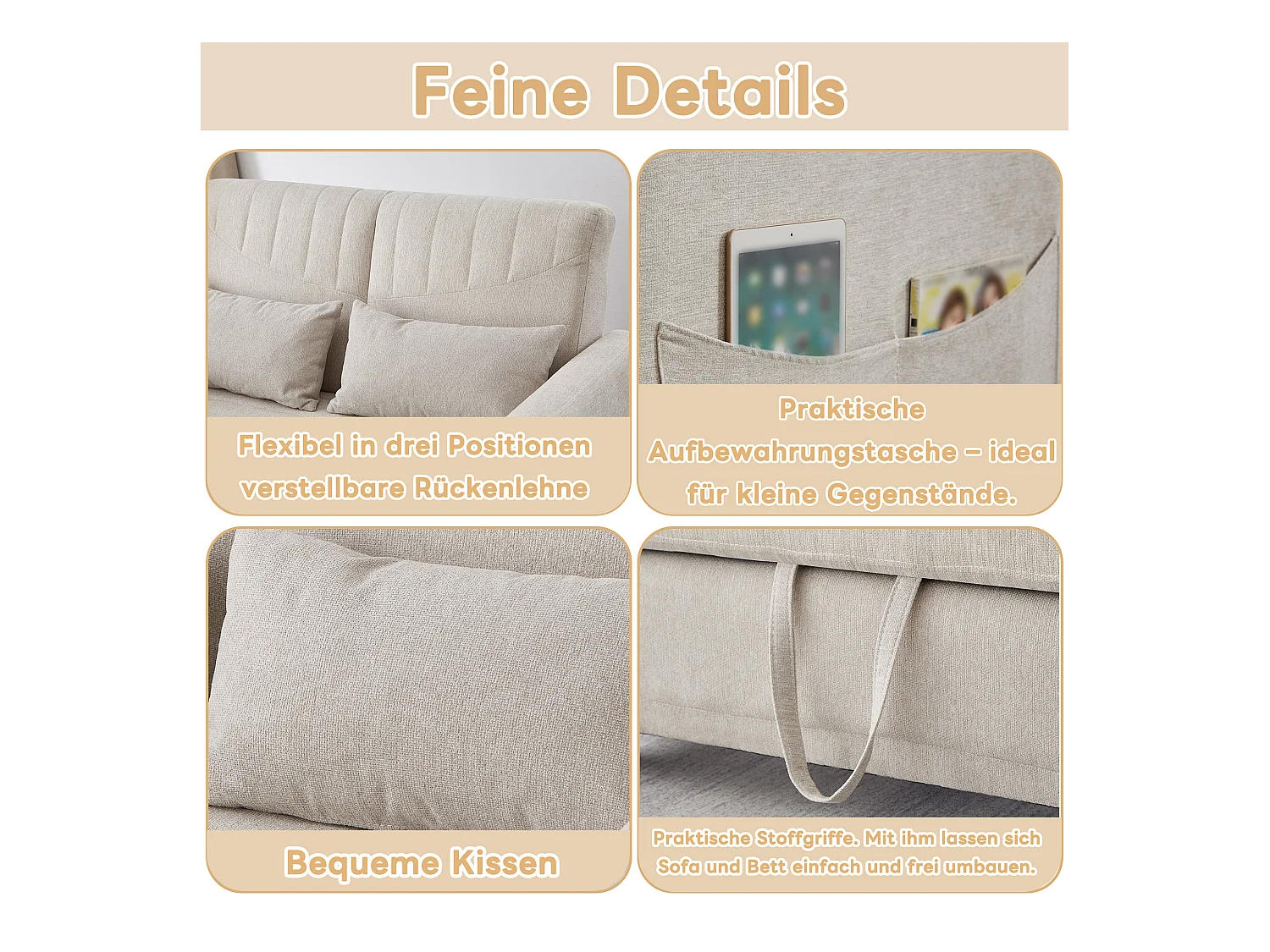Canapé-lit pliant 2 places extensible - 90 x 120 cm - dossier réglable - tissu en coton et lin - beige