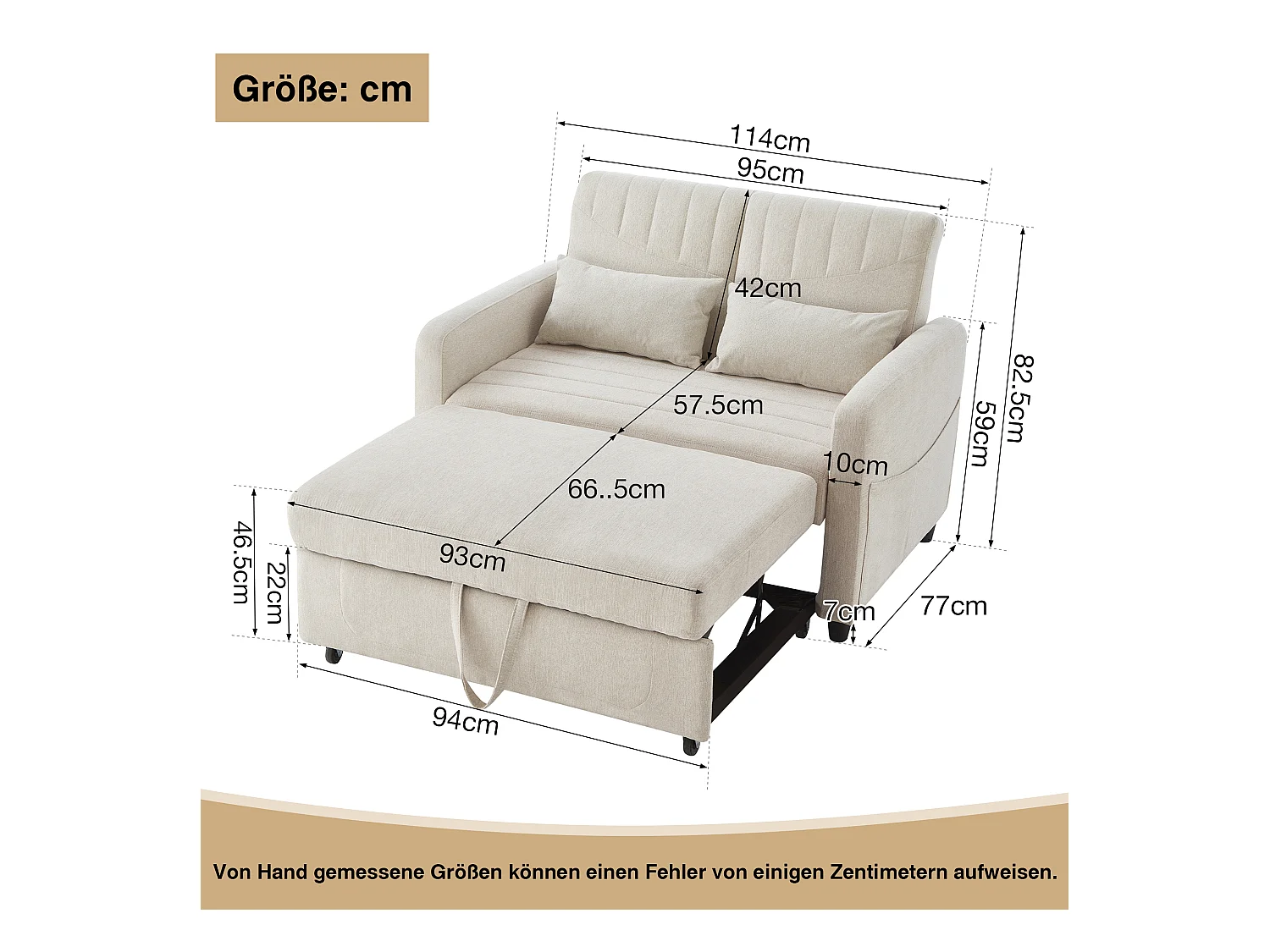 Canapé-lit pliant 2 places extensible - 90 x 120 cm - dossier réglable - tissu en coton et lin - beige