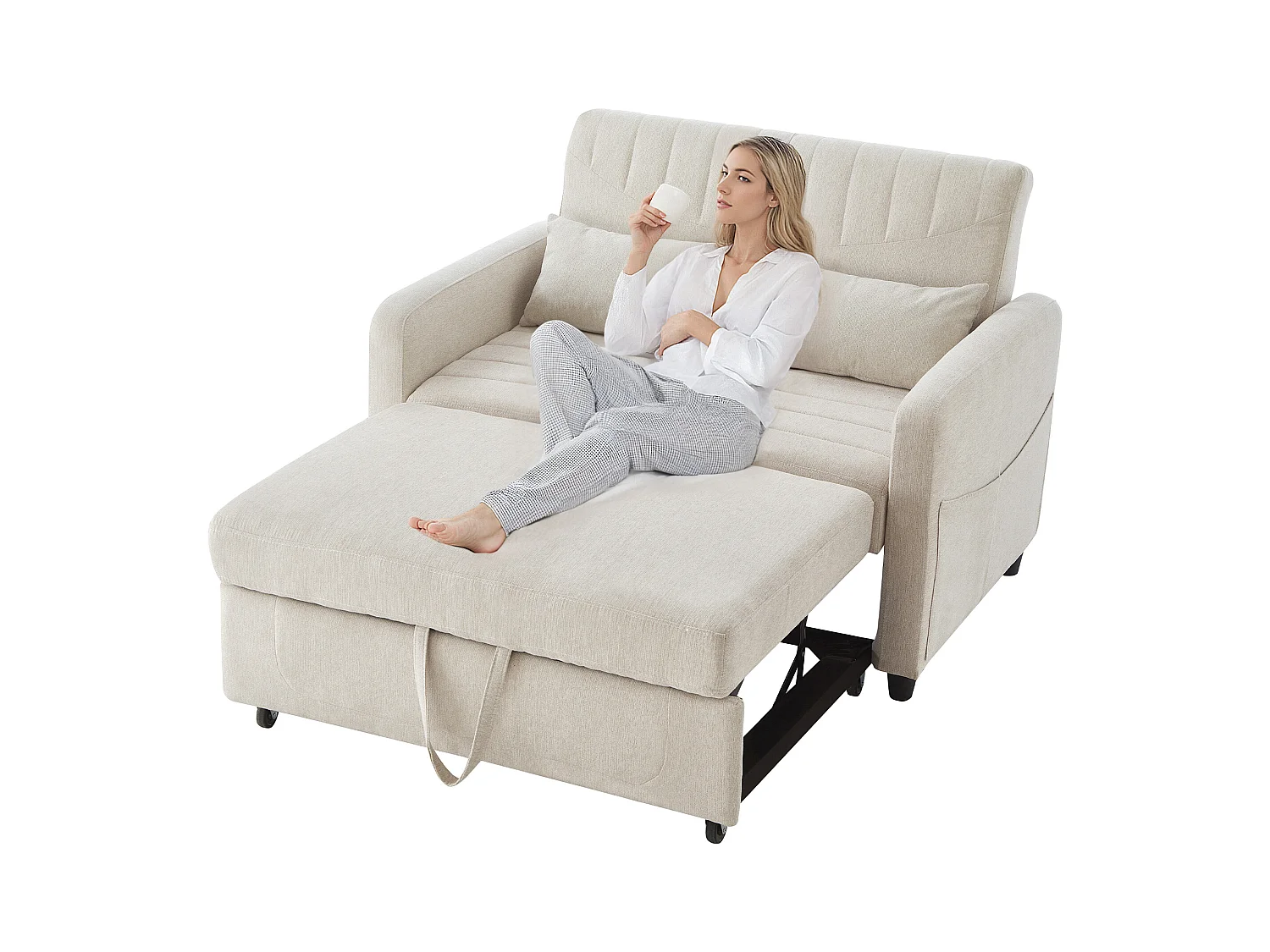 Canapé-lit pliant 2 places extensible - 90 x 120 cm - dossier réglable - tissu en coton et lin - beige