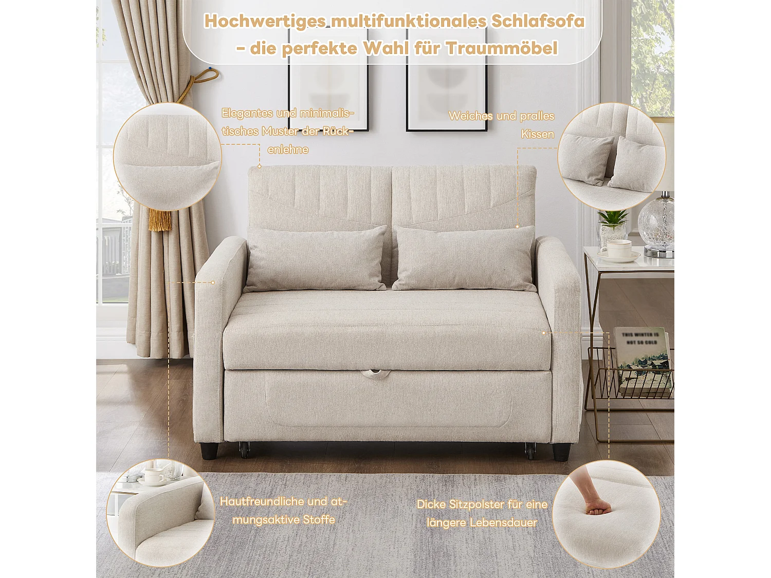 Canapé-lit pliant 2 places extensible - 90 x 120 cm - dossier réglable - tissu en coton et lin - beige