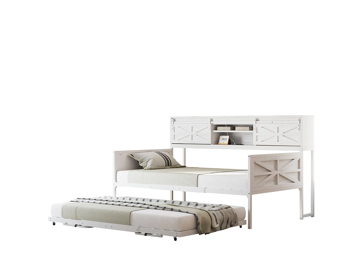 Canapé-lit gigogne - 90 x 200 cm + 90 x 190 cm - avec rangements et prises - bois + métal - blanc