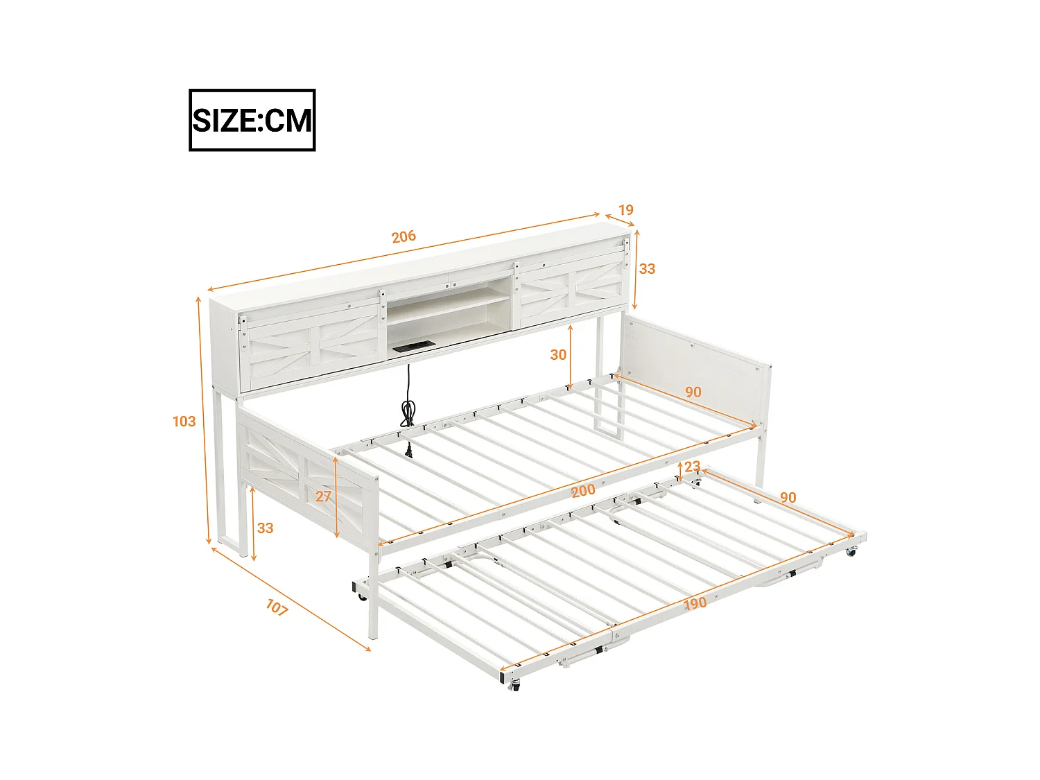 Canapé-lit gigogne - 90 x 200 cm + 90 x 190 cm - avec rangements et prises - bois + métal - blanc