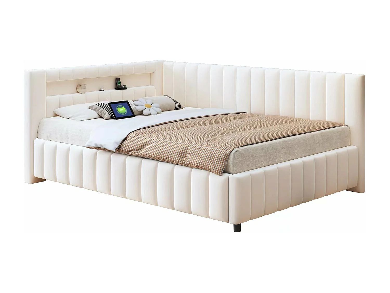 Canapé-lit rembourré - 140 x 200 cm - avec Leds + USB + dossier + tête de lit - tissu velours - beige