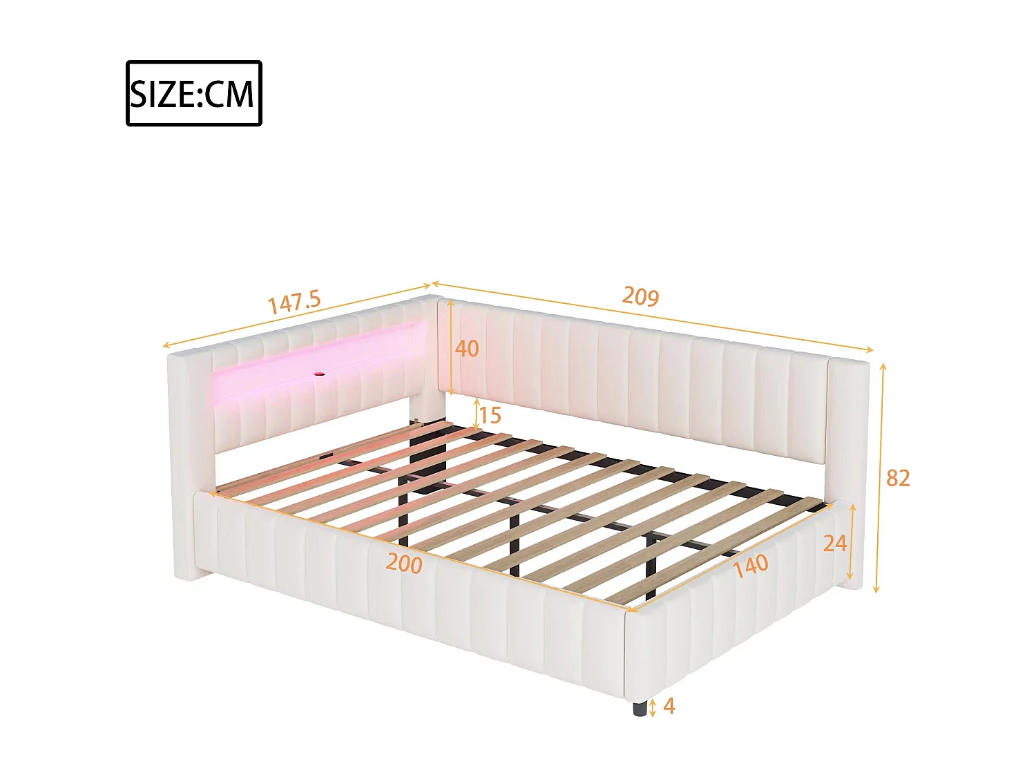 Canapé-lit rembourré - 140 x 200 cm - avec Leds + USB + dossier + tête de lit - tissu velours - beige