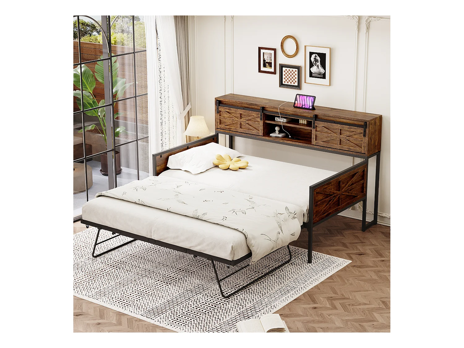 Divano letto estraibile - 90 x 200 cm + 90 x 190 cm - con contenitore e prese elettriche - legno + metallo - nero