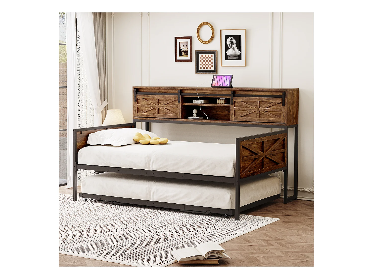 Divano letto estraibile - 90 x 200 cm + 90 x 190 cm - con contenitore e prese elettriche - legno + metallo - nero