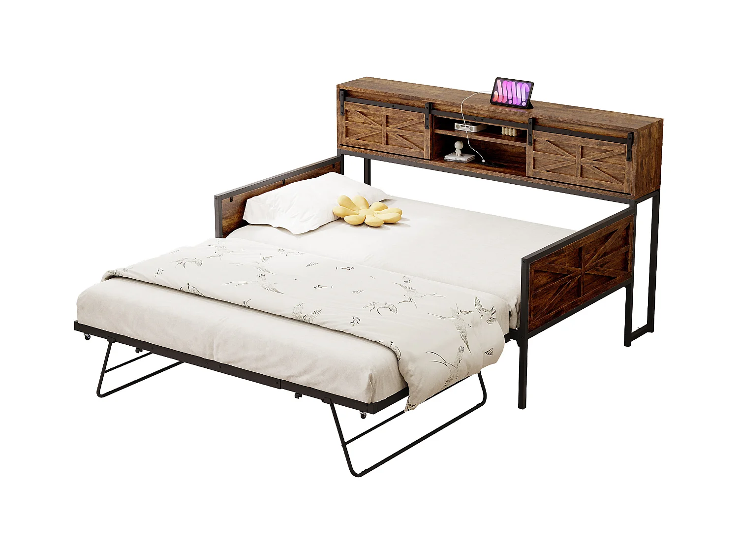 Divano letto estraibile - 90 x 200 cm + 90 x 190 cm - con contenitore e prese elettriche - legno + metallo - nero